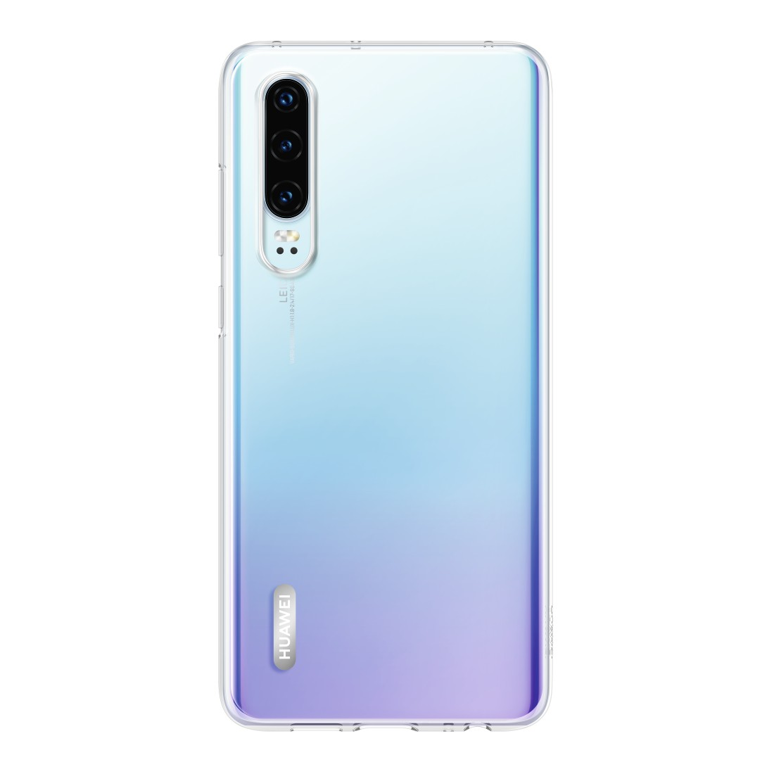 Ein Telefon mit durchsichtiger Hülle, das eine blau-violette Farbverlaufsrückseite zeigt.
