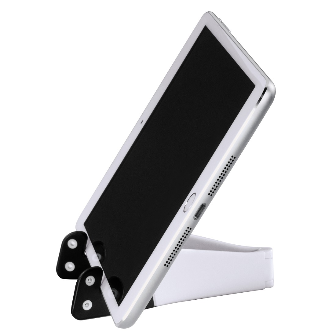 Tablet in einem weißen Ständer. Der Bildschirm ist schwarz. Der Ständer steht auf einer weißen Oberfläche.