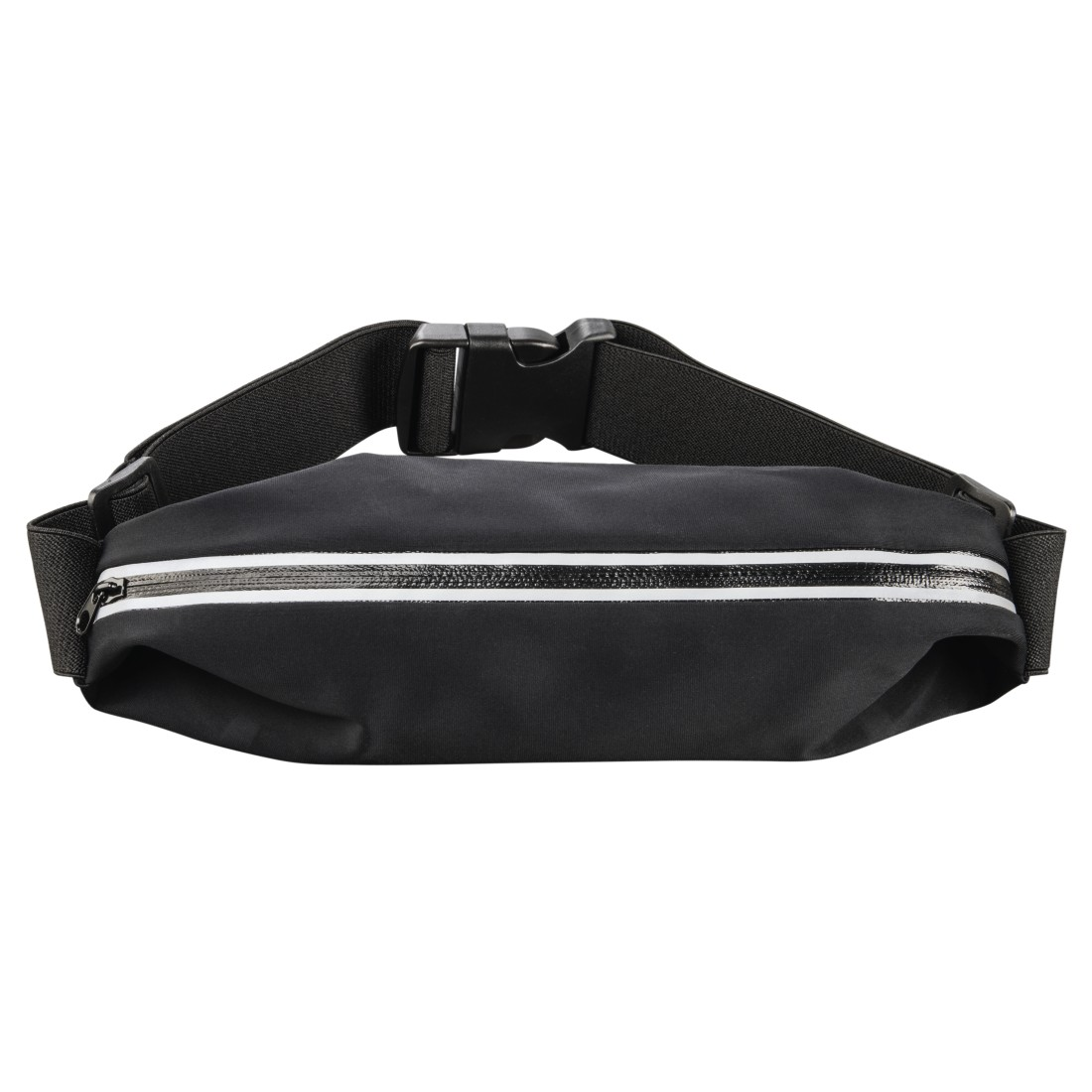 Eine schwarze Bauchtasche mit einem weißen Streifen. Sie hat eine Schnalle und einen Reißverschluss.