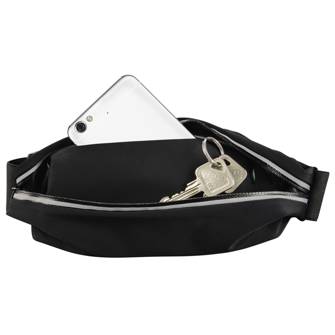 Eine schwarze Gürteltasche mit einem Telefon und Schlüsseln darin, mit einem reflektierenden Streifen.