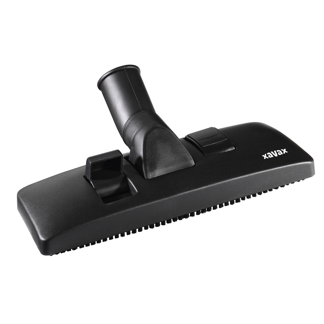 Ein schwarzer Staubsaugerkopf mit der Marke 'Xavax'. Er hat eine Düse, einen rechteckigen Kopf mit Borsten und einen Knopf.