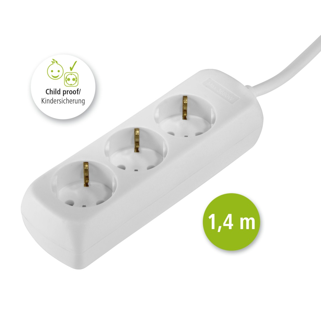 Weiße Steckdosenleiste mit drei Steckplätzen, Kindersicherung und 1,4 m Kabel.