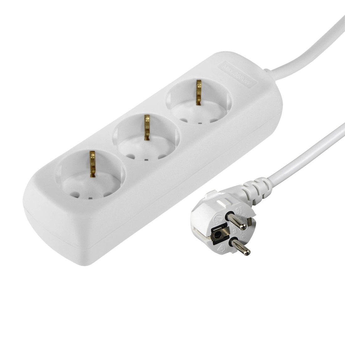 Weiße Steckdosenleiste mit drei Steckplätzen und einem Stecker.