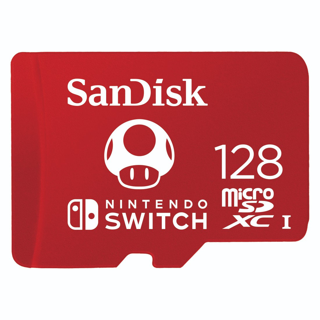 Eine rote SanDisk MicroSD-Karte mit weißem Logo und Text, einschließlich "Nintendo Switch".