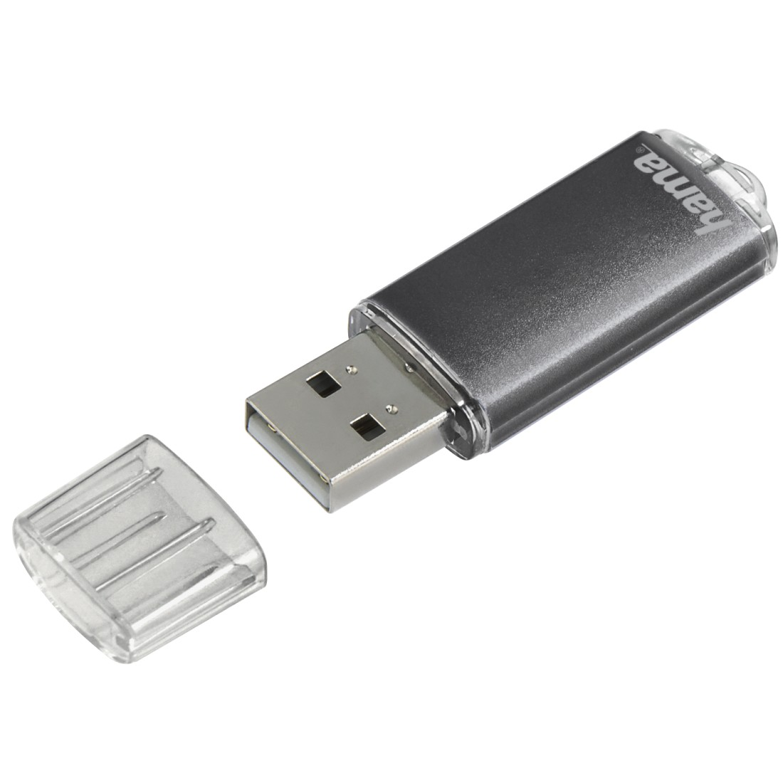 Ein silberner USB-Stick mit seiner durchsichtigen Kappe daneben.
