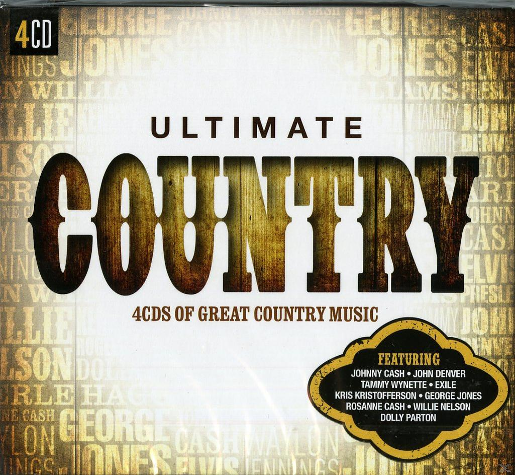 Az 'Ultimate Country' CD borítója, különböző country előadókkal, fehér és barna háttér előtt.