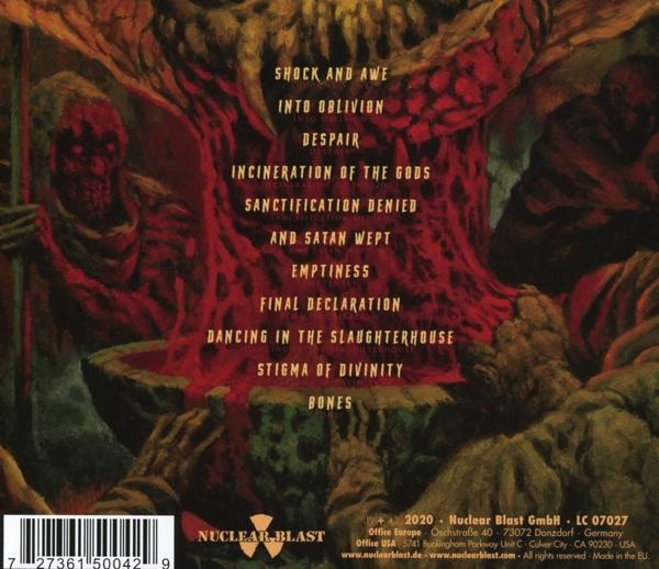 Die Rückseite eines Albums mit Songtiteln und Artwork. Rote und schwarze Farben.