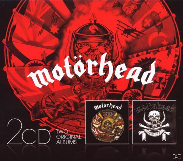 Motörhead CD-Compilation-Cover. Roter Hintergrund, Totenkopf und zwei kleinere Albumcover mit Bandlogo.