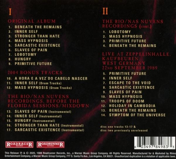 Liste des titres de l'album Beneath The Remains et d'autres chansons. Le texte est noir sur fond beige.