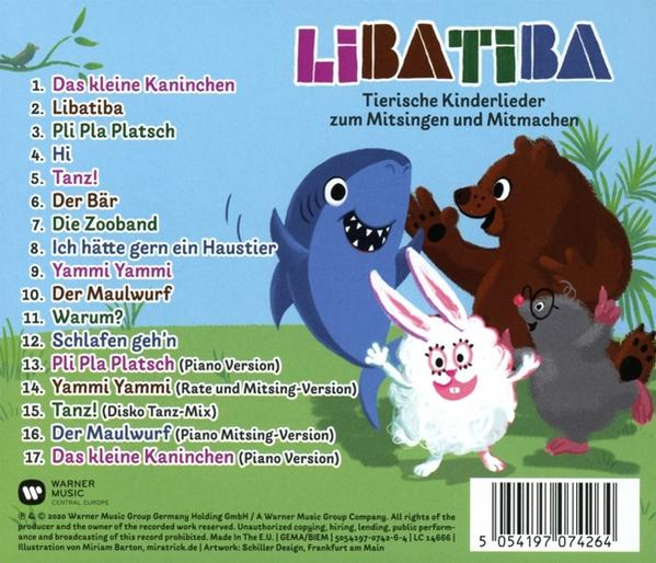 CD-Cover mit Zeichentrickfiguren, einem Hai, Bären, Hasen und Text, bunter Hintergrund.