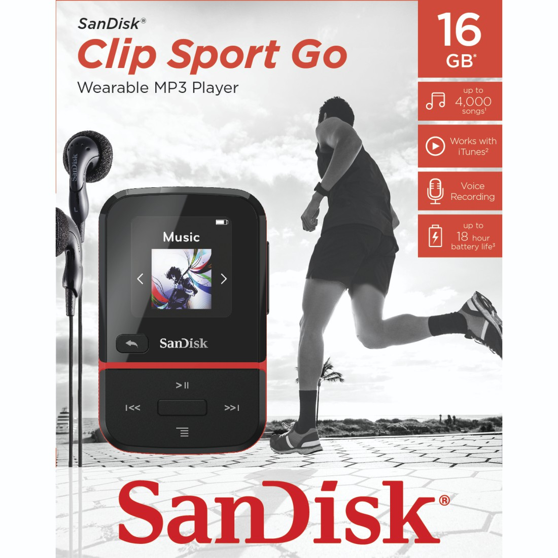 SANDISK Clip Sport Go MP3 Player (16 GB, Rot)