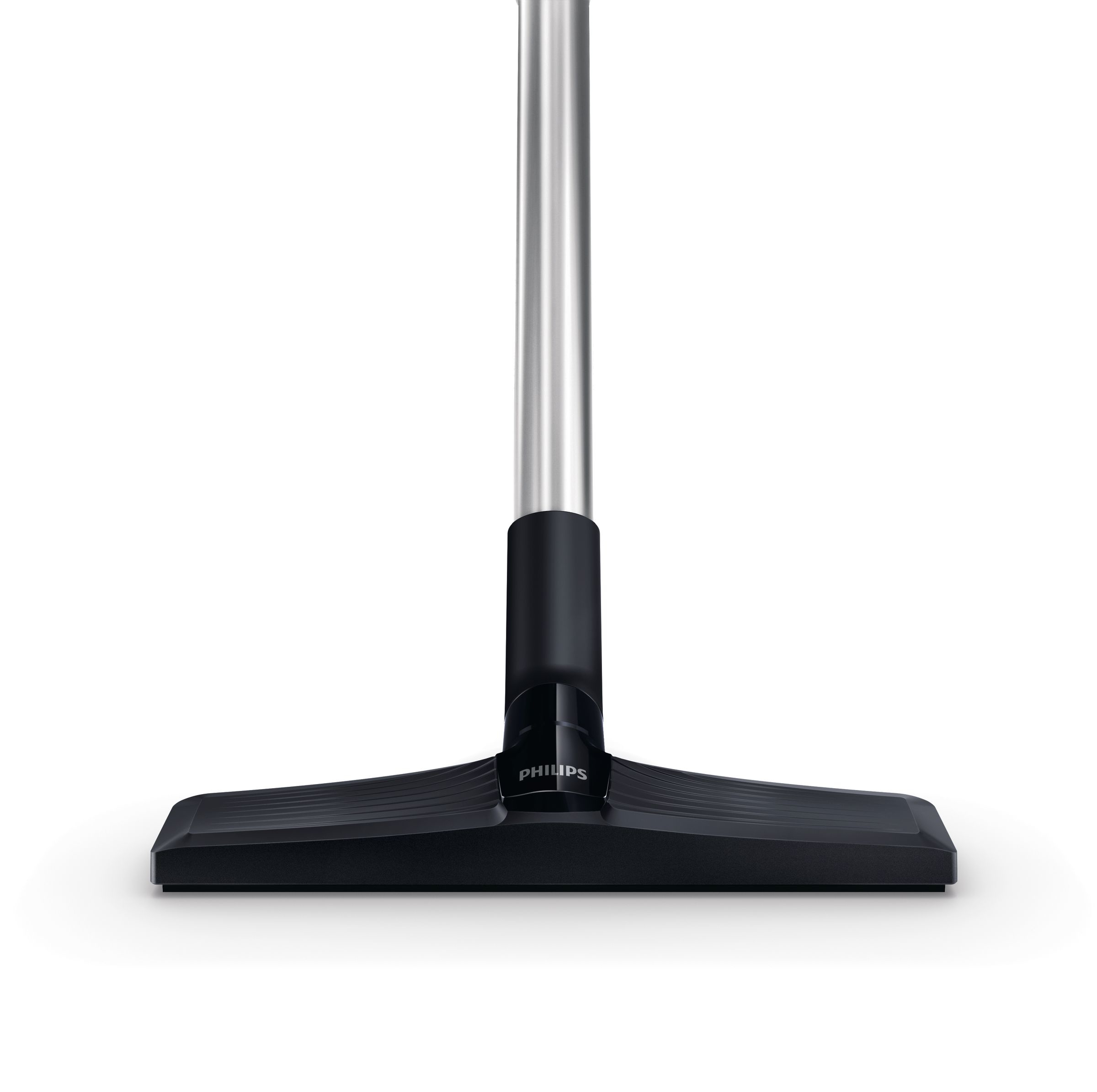 Ein Staubsaugerkopf und -griff von Philips. Der Kopf ist schwarz, der Griff silberfarben. Das Philips-Logo ist sichtbar.