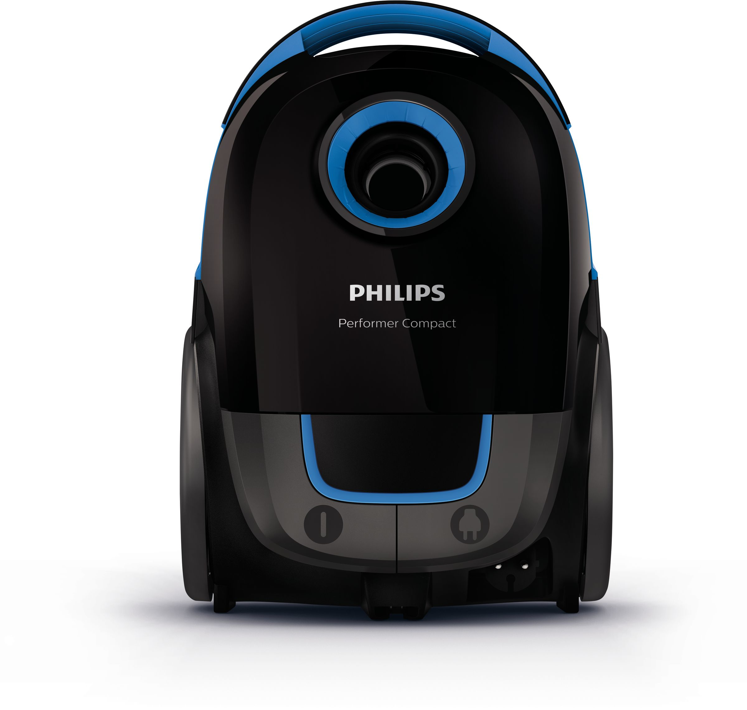 Ein schwarzer und blauer Philips Staubsauger. Er hat einen Griff und einen Lufteinlass. Der Modellname ist Performer Compact.