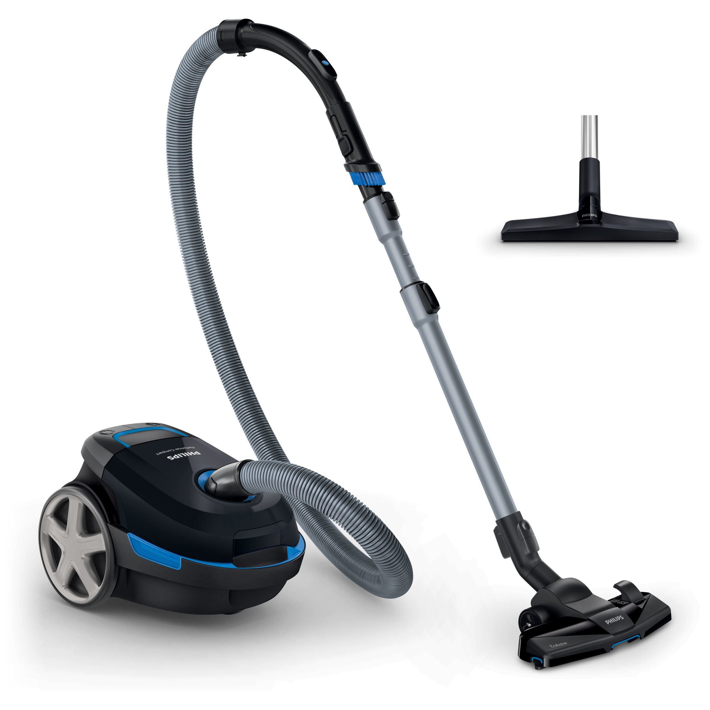 Ein schwarzer und blauer Philips Staubsauger mit langem Schlauch, separatem Kopf und weißem Hintergrund.
