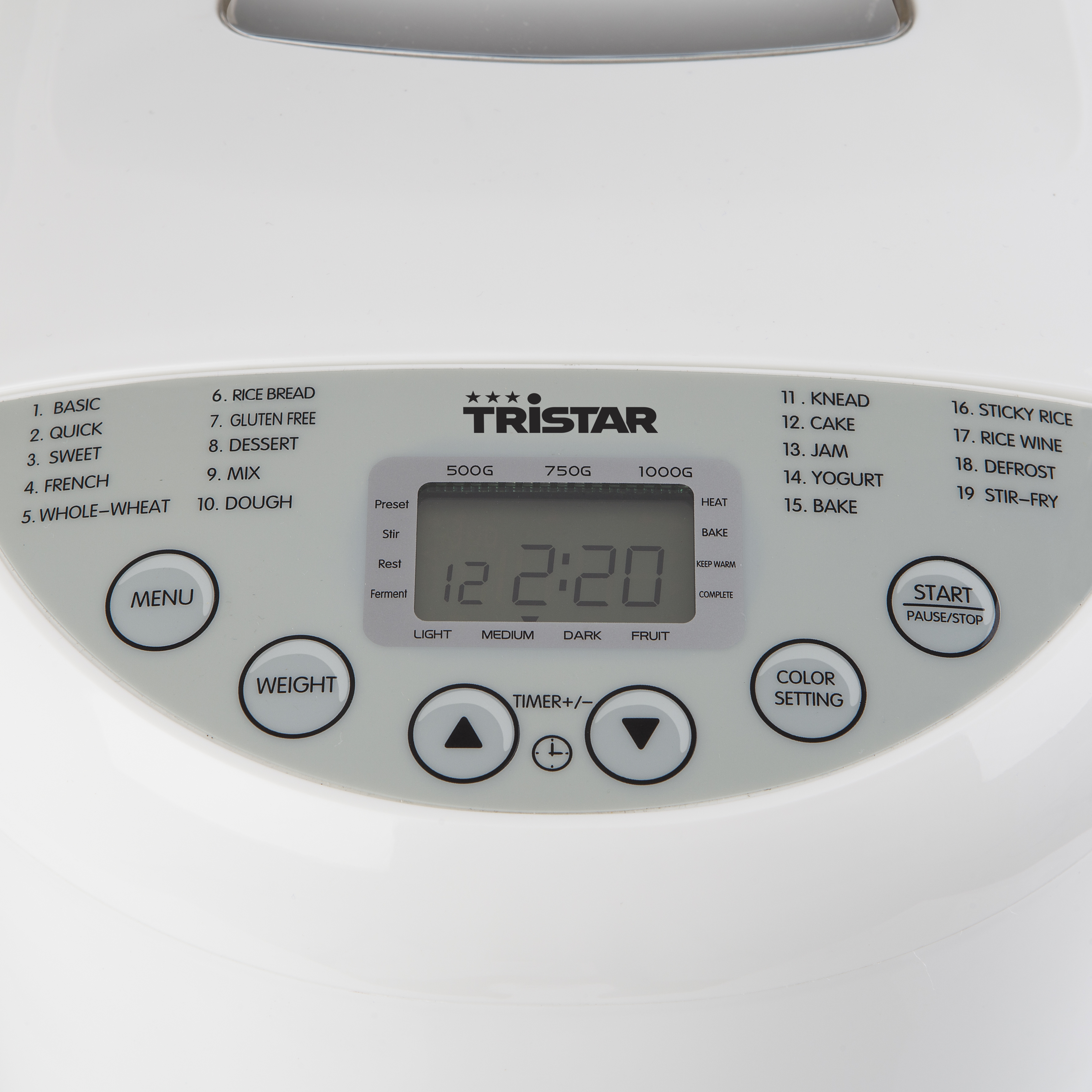Pannello di controllo della macchina per il pane con pulsanti per menu, peso, timer, impostazione colore e avvio/arresto.