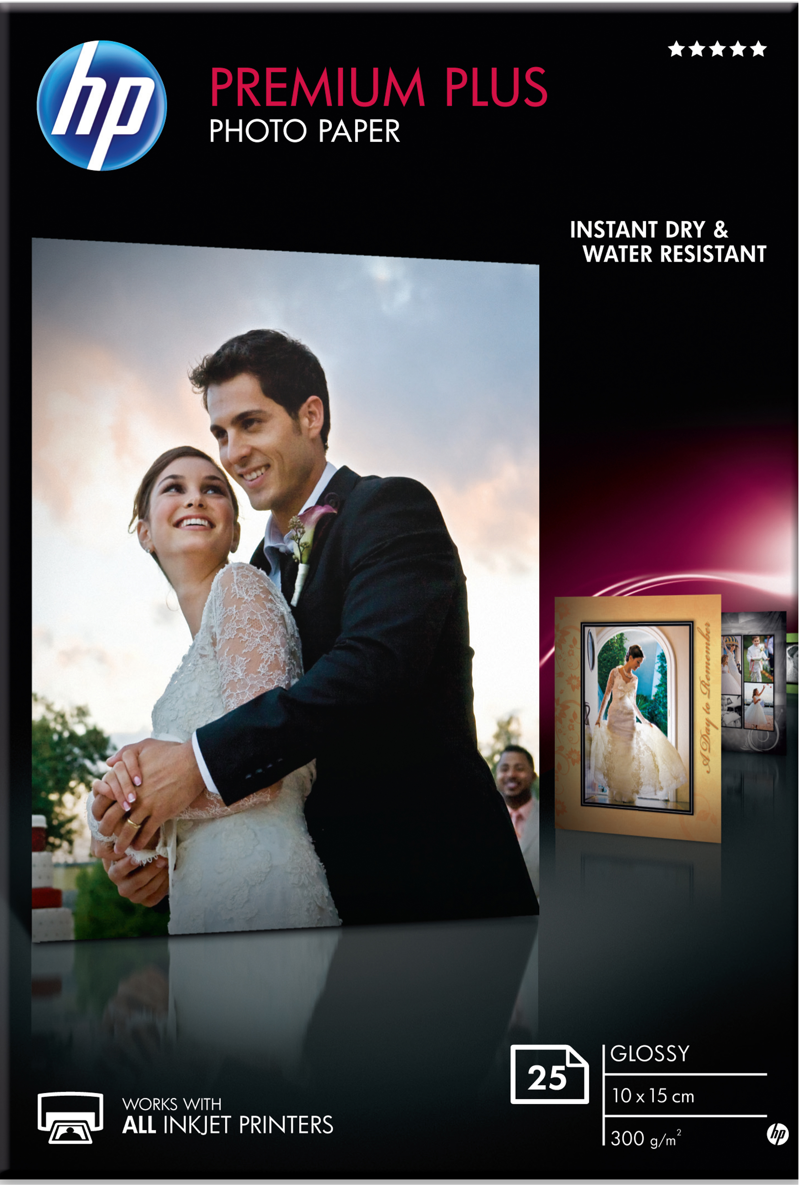 HP-Fotopapierverpackung mit Hochzeitsfoto eines Paares und Produktinfo.