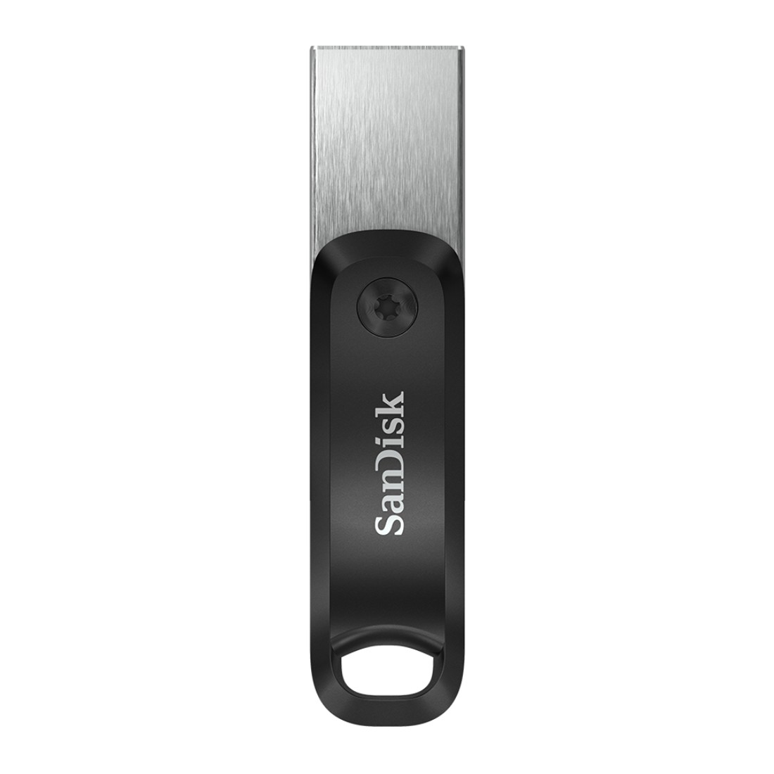 Schwarz-silberner USB-Stick. Sandisk-Logo auf dem schwarzen Teil. Loch zur Befestigung.