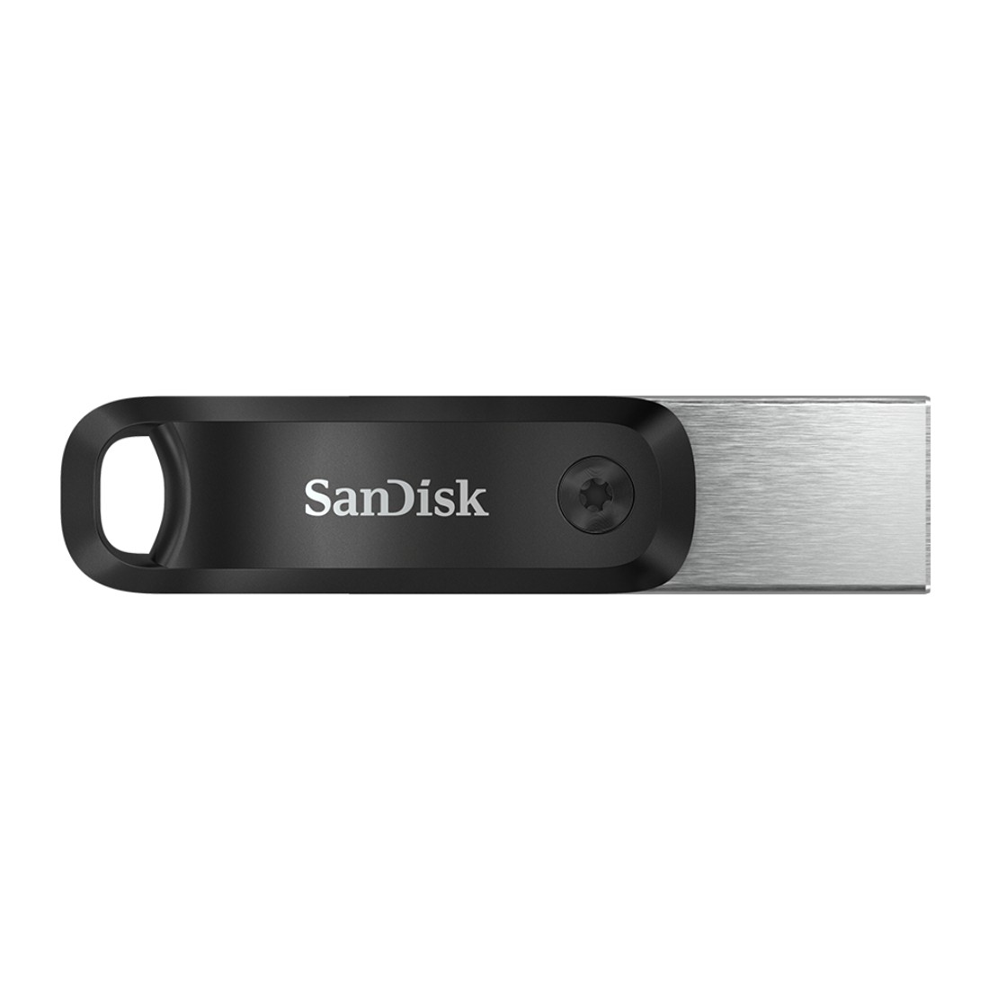 Schwarzer und silberner Sandisk USB-Stick, der das Sandisk-Logo zeigt.