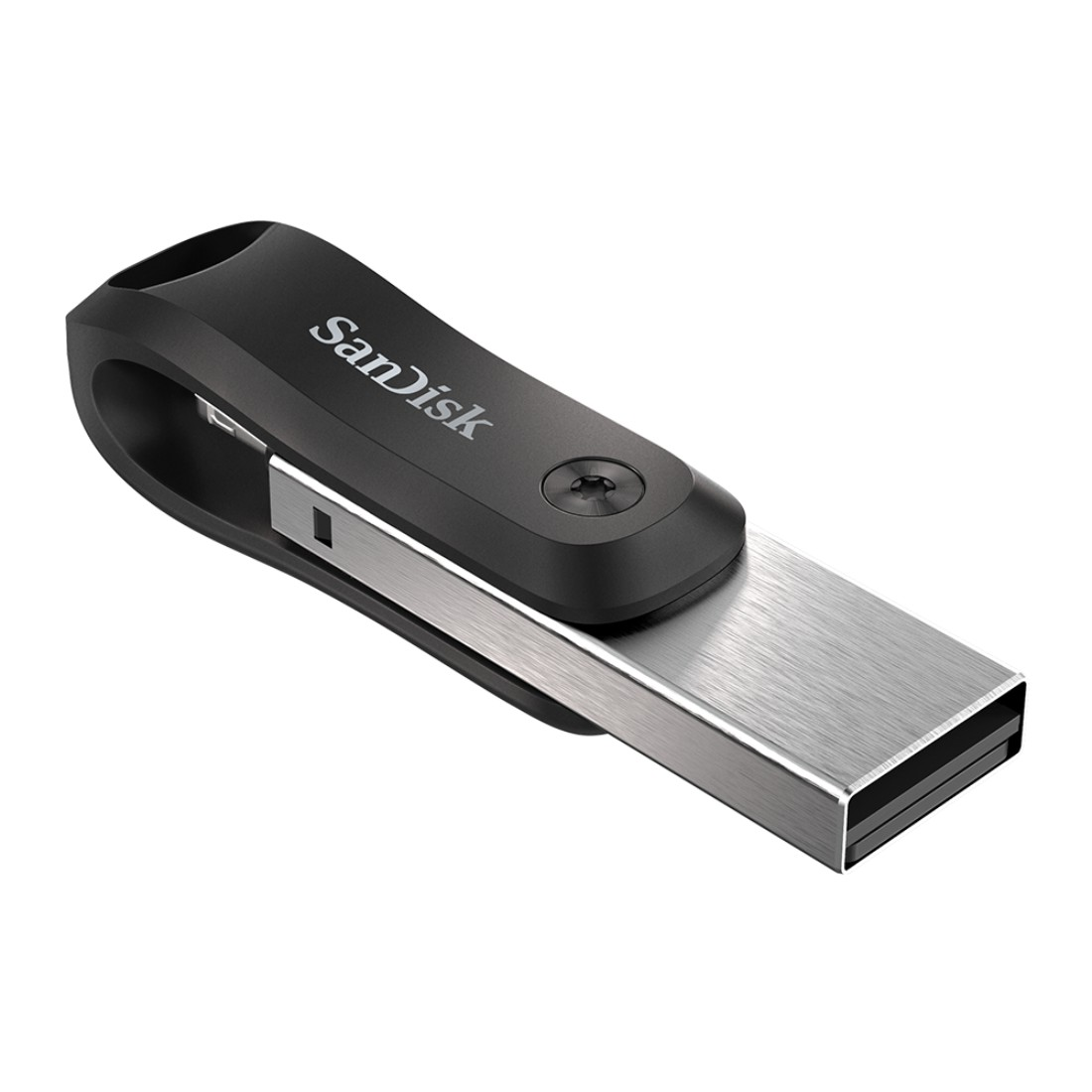 Ein schwarzer und silberner USB-Stick mit dem Sandisk-Logo.
