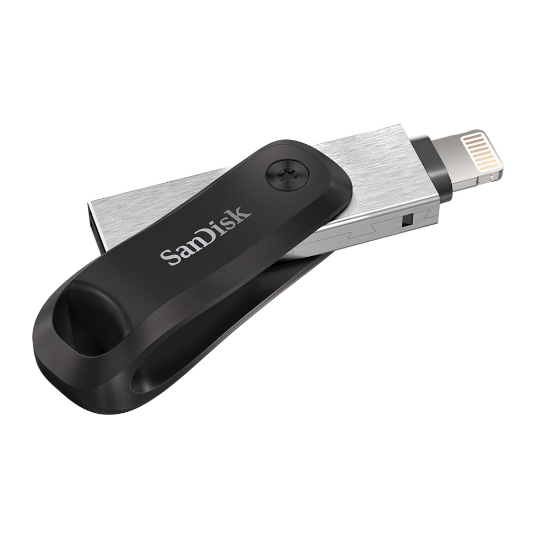 Ein schwarz-silberner SanDisk USB-Stick mit Lightning-Anschluss auf weißem Untergrund.