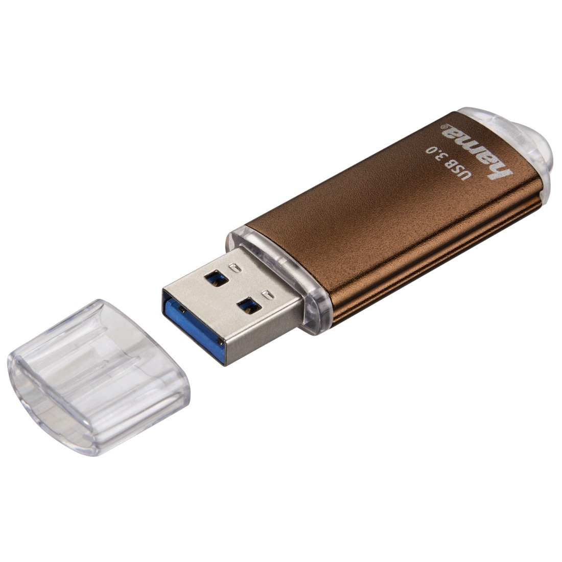 Ein brauner USB 3.0-Stick ohne Kappe, auf einer weißen Oberfläche liegend.