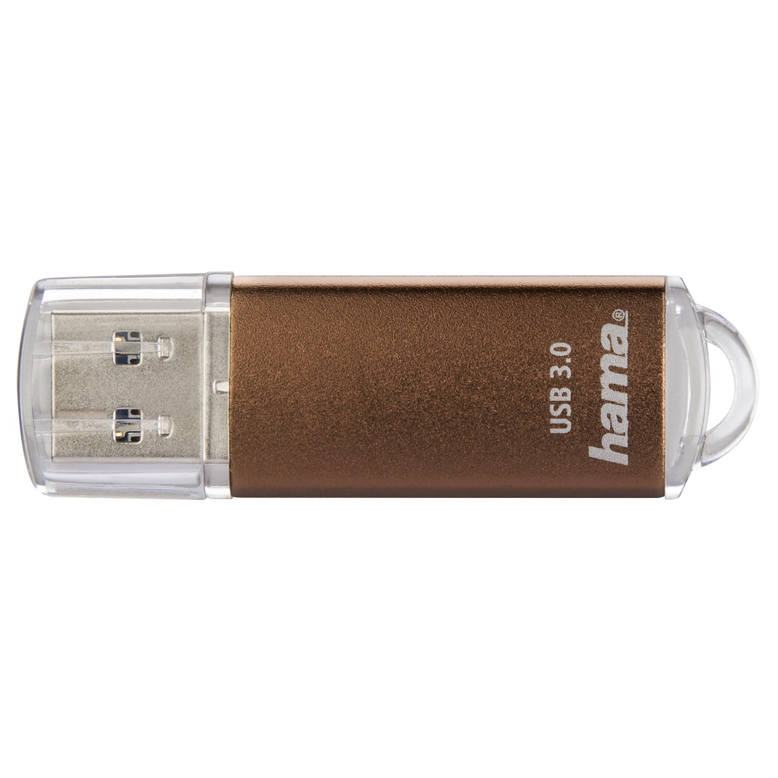 Ein schwarzer und silberner USB-Stick mit der Marke 'hama' auf dem Silberteil.