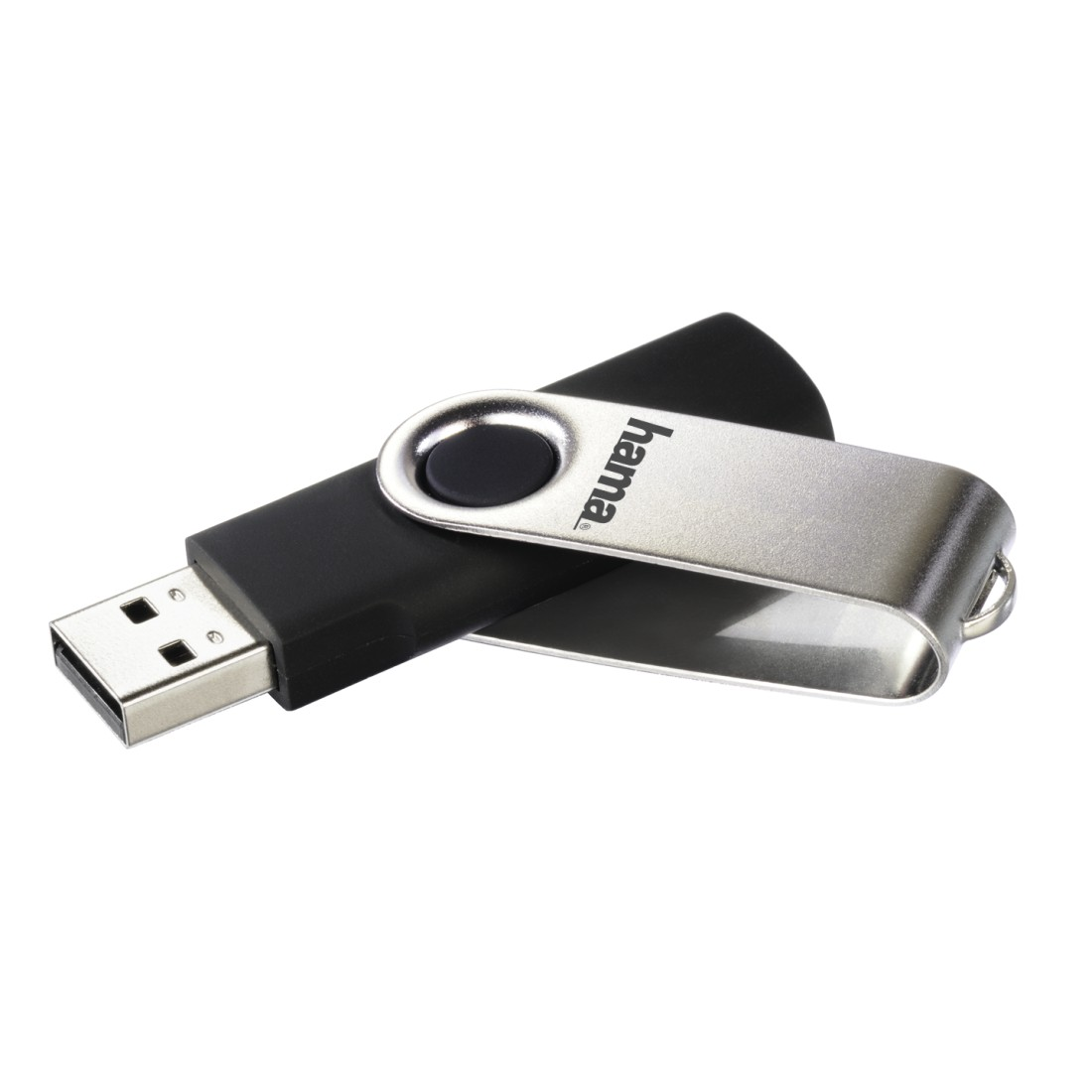 Ein schwarzer und silberner USB-Stick. Er hat ein Drehdesign und das 'hama' Logo.