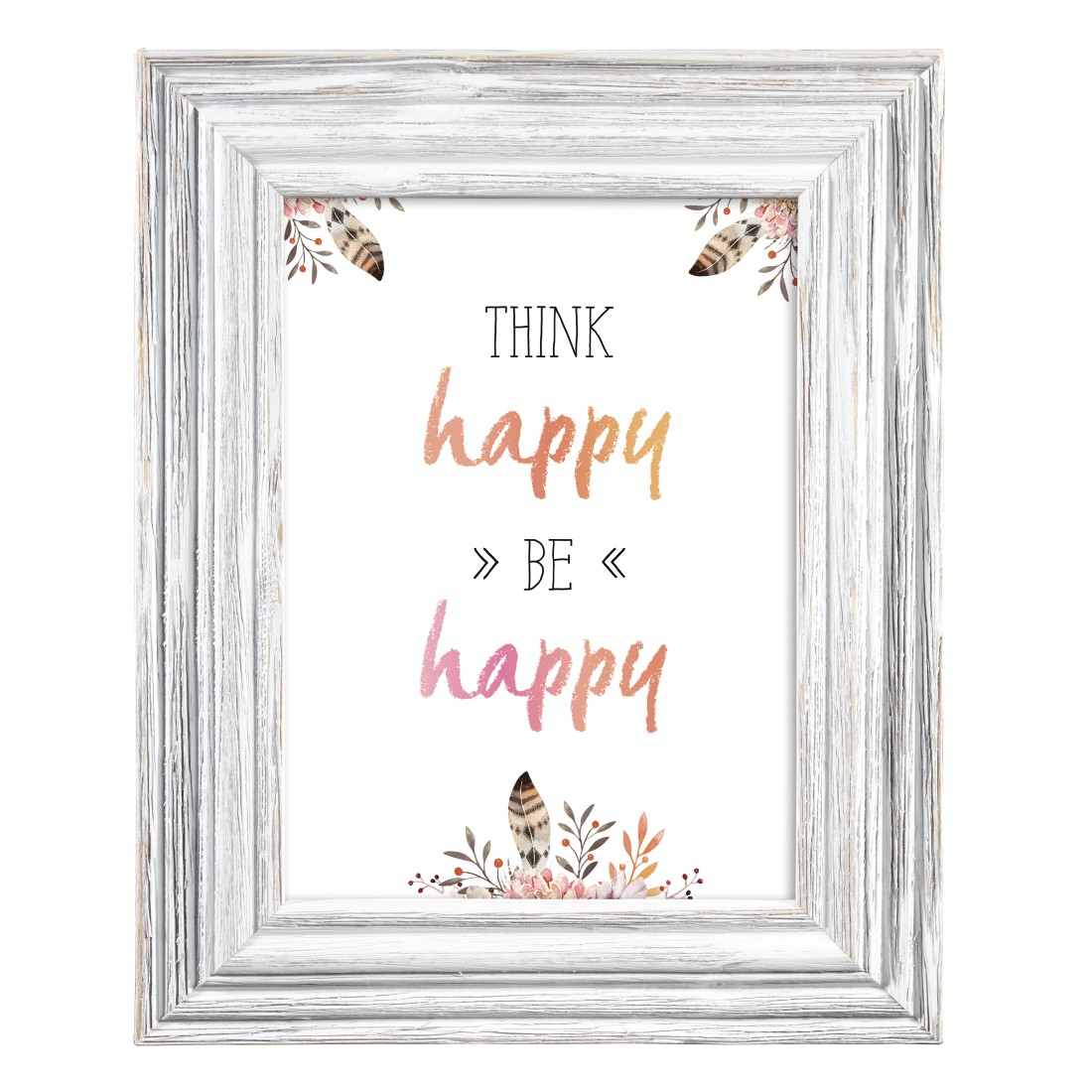 Weiß gerahmtes Kunstwerk mit den Worten 'Think happy be happy'.