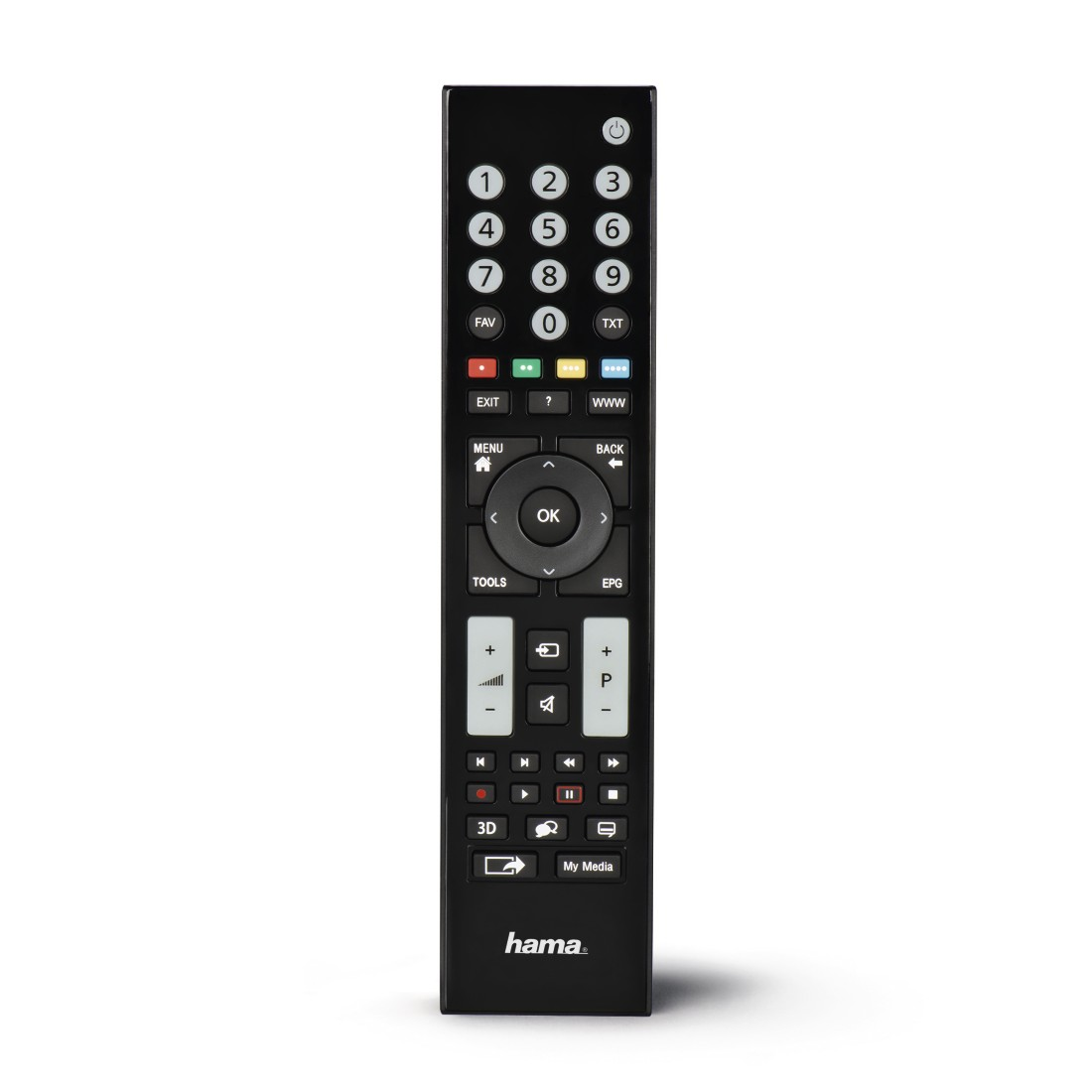 Schwarze TV-Fernbedienung. Verfügt über Tasten für verschiedene Funktionen, einschließlich Zahlen und Lautstärke.