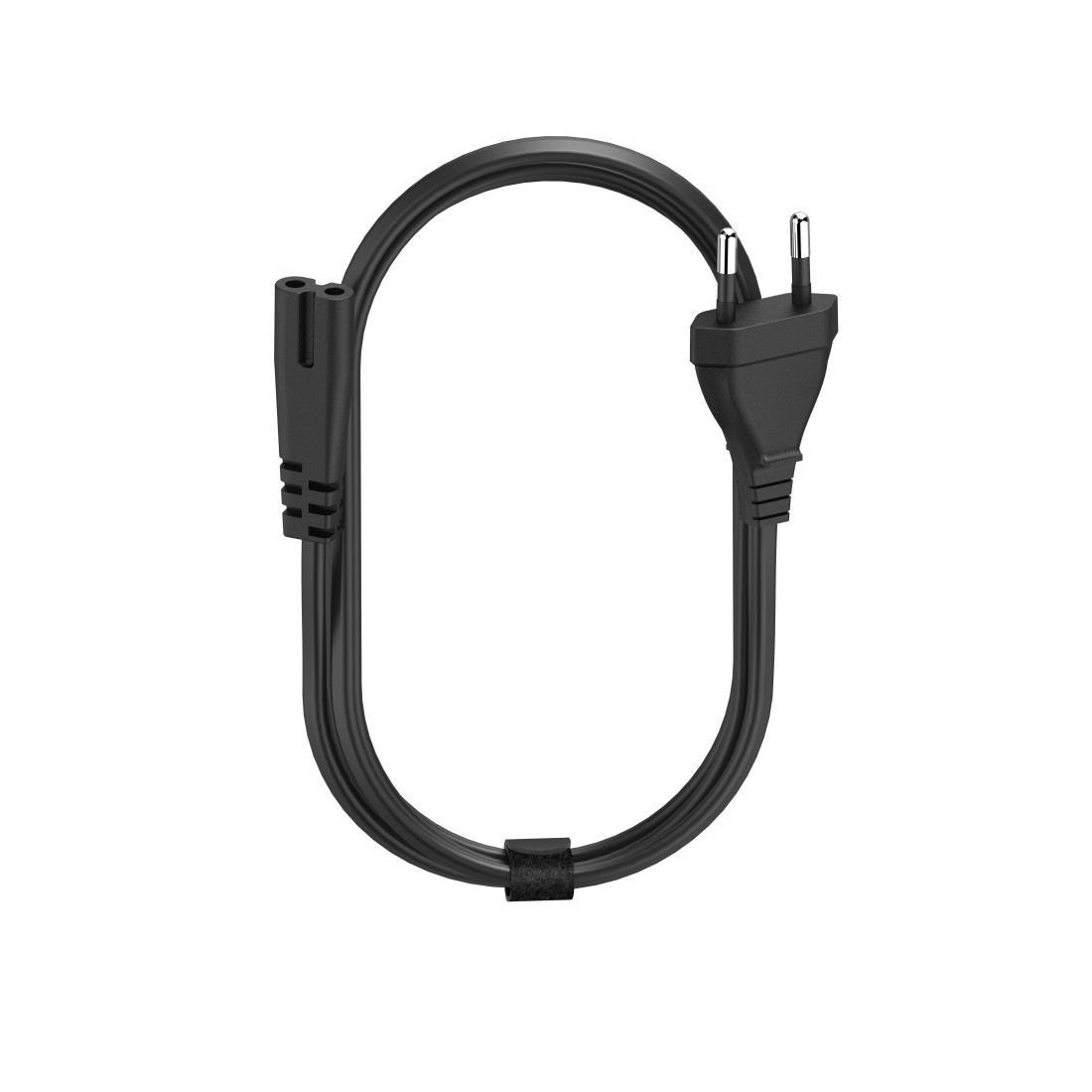 Ein schwarzes Netzkabel mit zwei Stiften an einem Ende und einem Zweipol-Anschluss am anderen.
