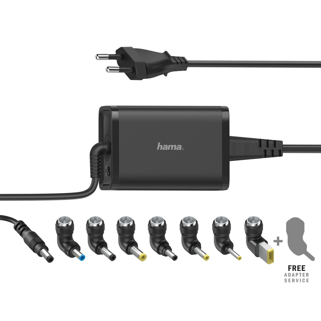 Schwarzer Netzadapter mit mehreren Spitzen und einem Netzkabel, alles auf weißer Oberfläche.
