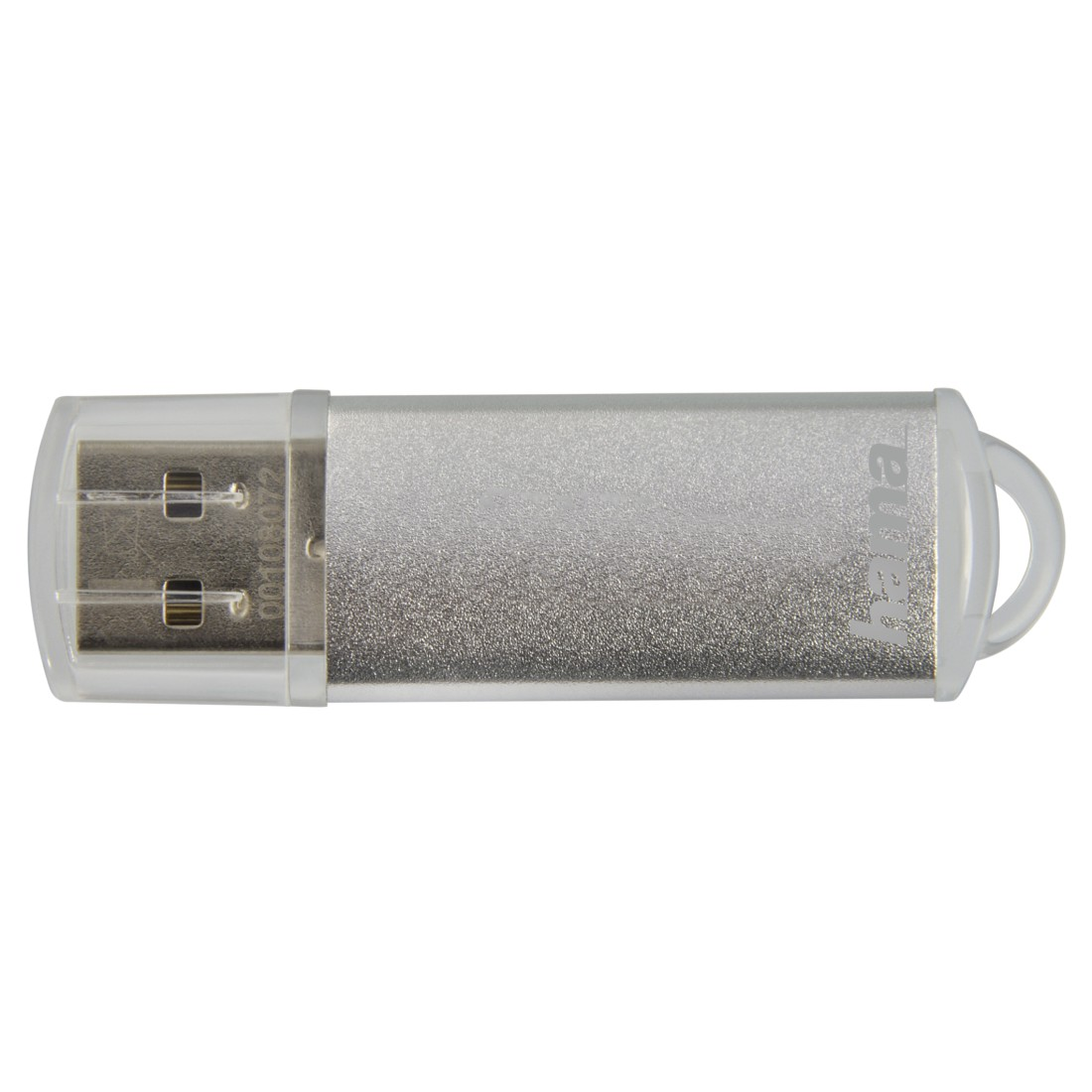 Ein silberner USB-Stick mit einer durchsichtigen Kunststoffkappe.