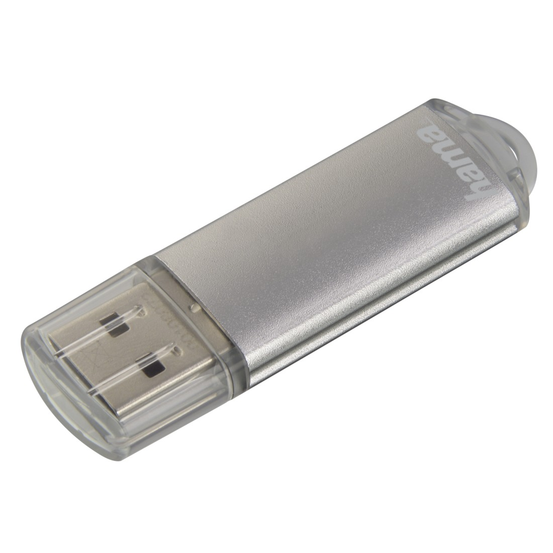 Silberner USB-Stick. Er hat eine durchsichtige Kunststoffkappe und eine Schlüsselringschlaufe.