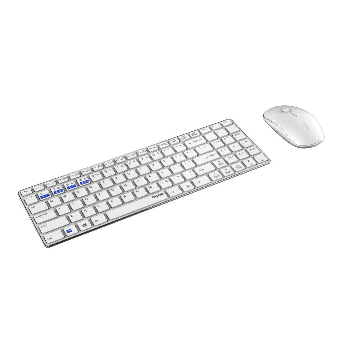 Weißes drahtloses Tastatur-Maus-Set, mit hervorgehobenen Tasten, gegen weißen Hintergrund.
