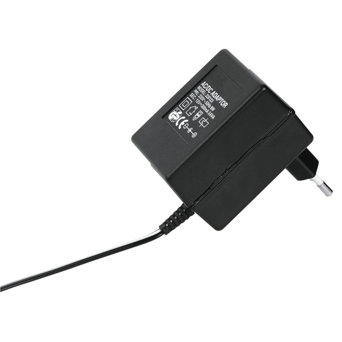 Ein schwarzes AC/DC-Netzteil mit Stecker und Kabel.