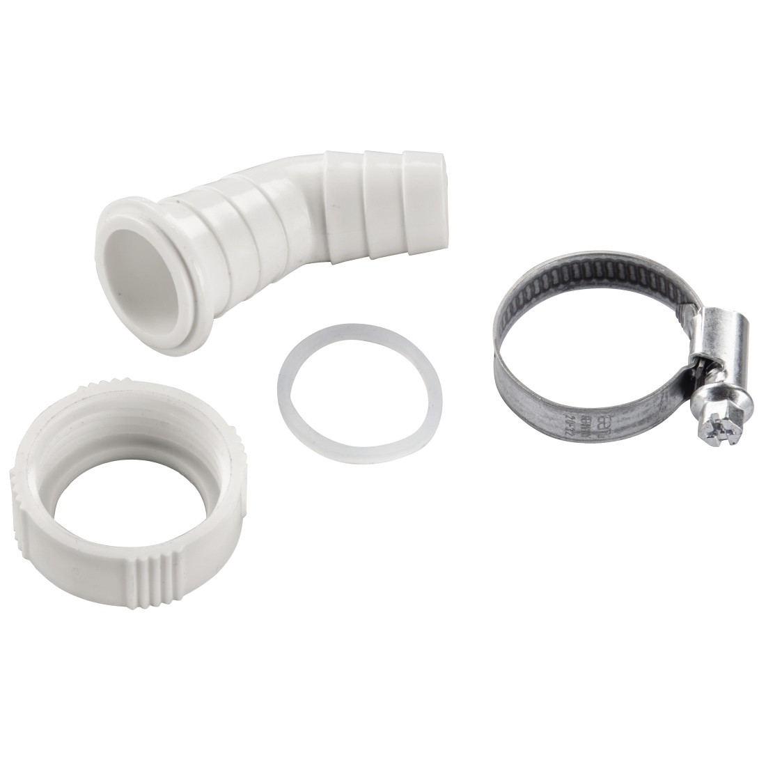 Sanitärteile, darunter ein weißer Bogen, ein Ring und eine Klemme.