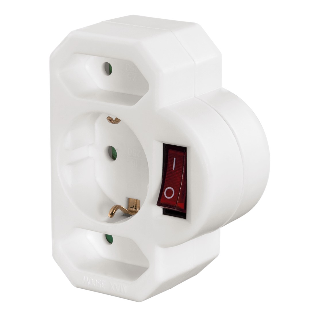 Ein weier Mehrfachsteckdosenadapter mit rotem Schalter.