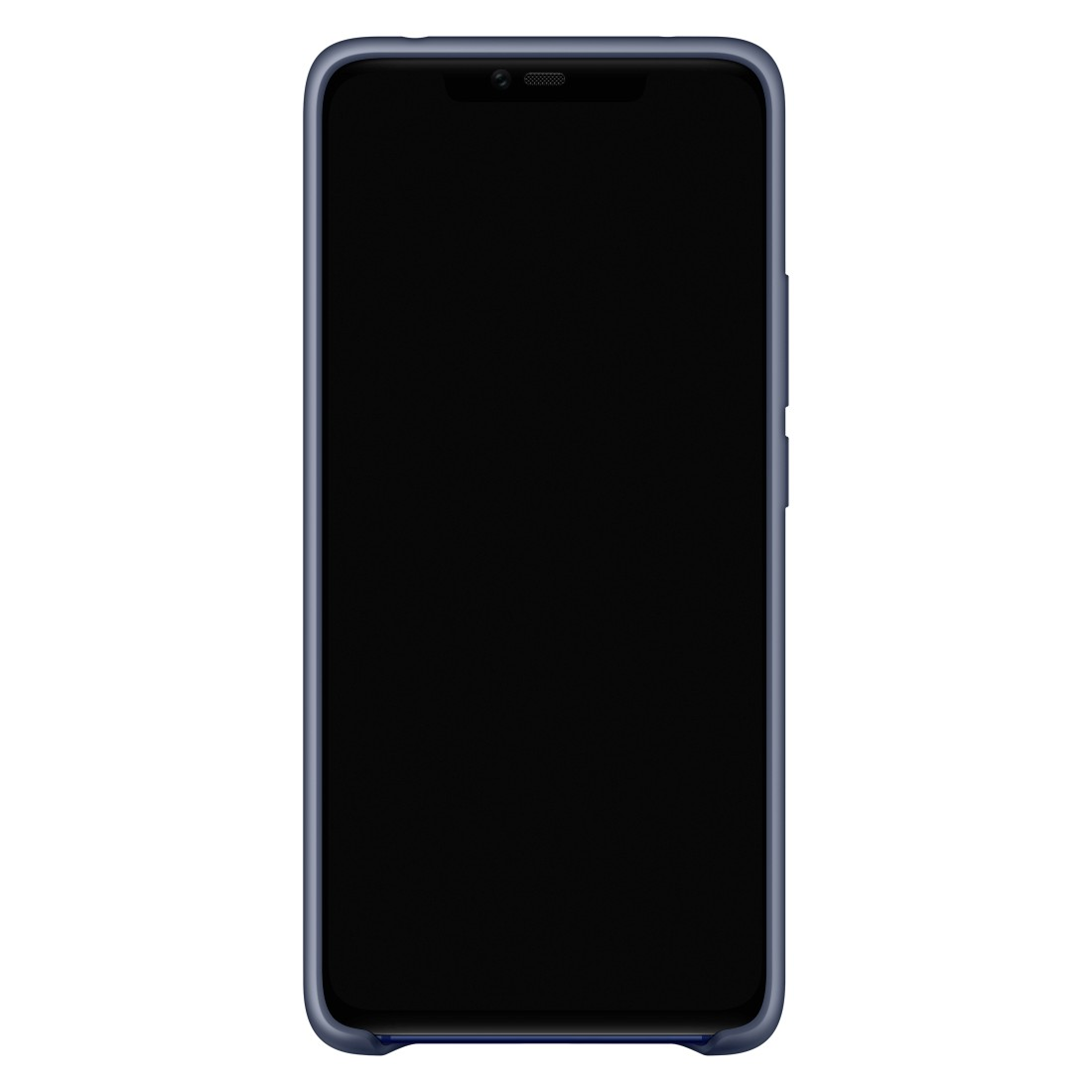 Ein schwarzes Smartphone mit blauem Rahmen vor weißem Hintergrund dargestellt.