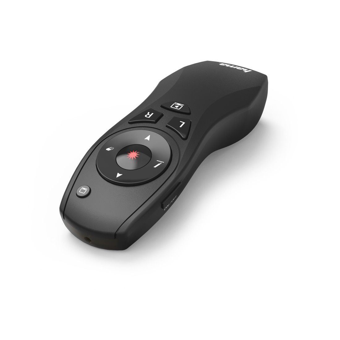 Schwarze Präsentationsfernbedienung mit Tasten für Laserpointer und Navigation. Weißer Hintergrund.