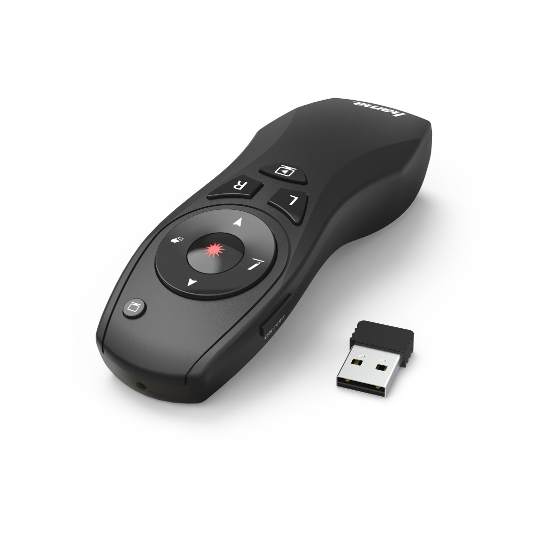 Schwarze Präsentationsfernbedienung und zugehöriger USB-Dongle, auf weißem Hintergrund.