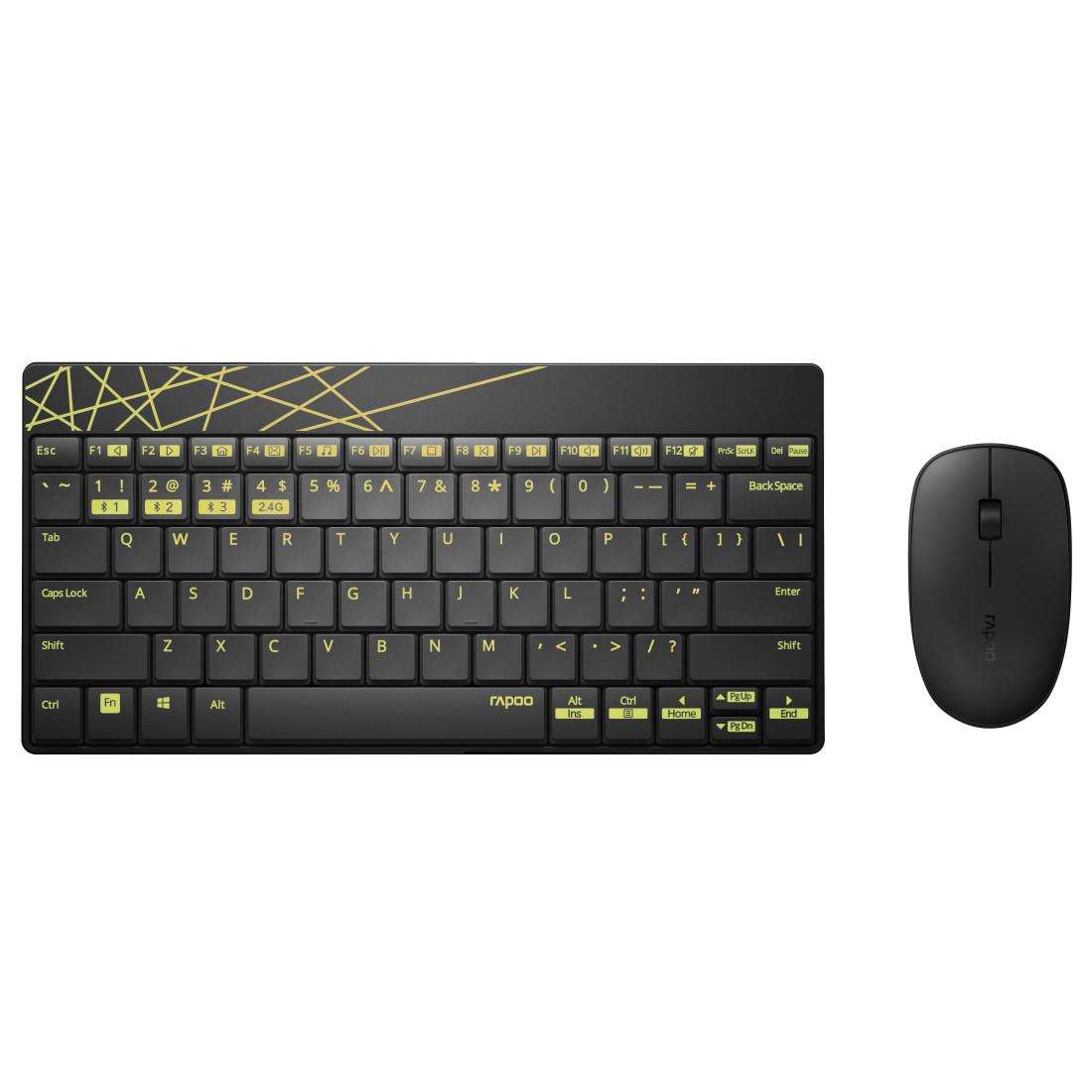 Schwarzes Tastatur- und Maus-Set. Die Tastatur hat goldfarbene Akzente. Die Maus ist schlicht schwarz.