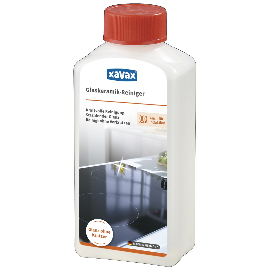 Weiße Flasche Glas-Keramik-Reiniger mit rotem Deckel. Das Xavax-Logo ist sichtbar.