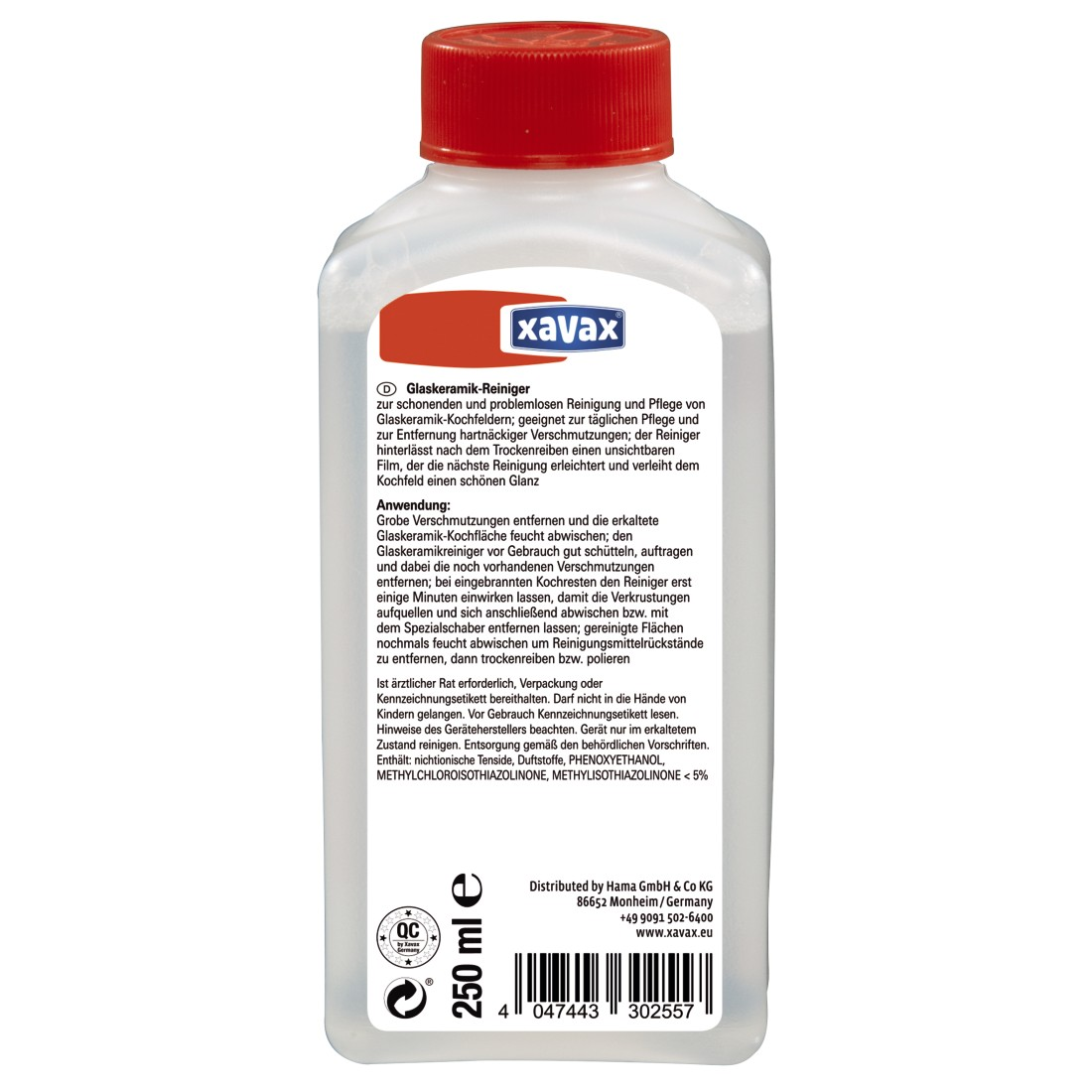 Flasche Glasreiniger. Roter Deckel und weißes Etikett mit Text.