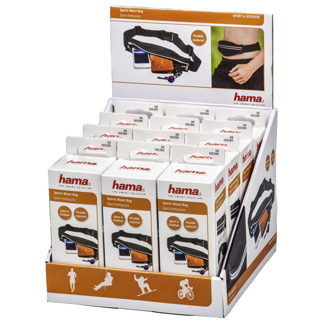 Verpackungsdisplay mit Hama Sport-Hüfttaschen. Oben ist eine Beispieltasche zu sehen.