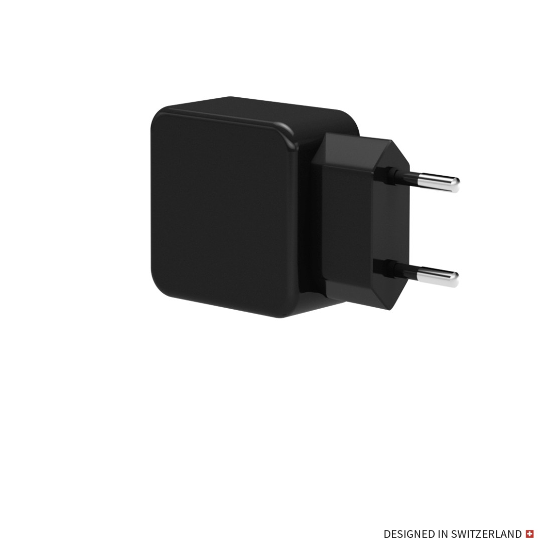 Schwarzer Netzadapter mit zwei Stiften. Er befindet sich auf weißem Hintergrund mit Text unten.