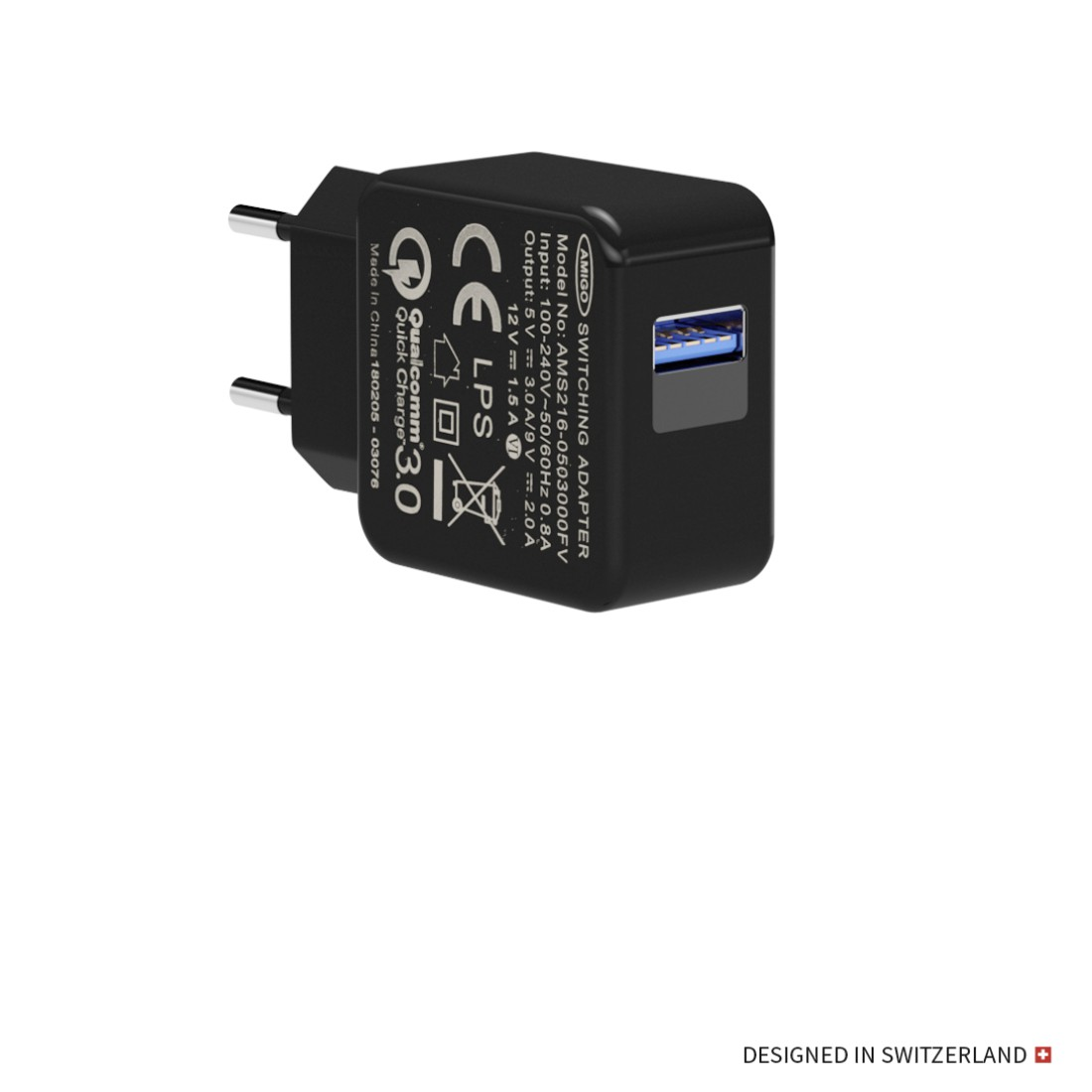 Schwarzer Ladeadapter mit USB-Anschluss, auf weißem Hintergrund.