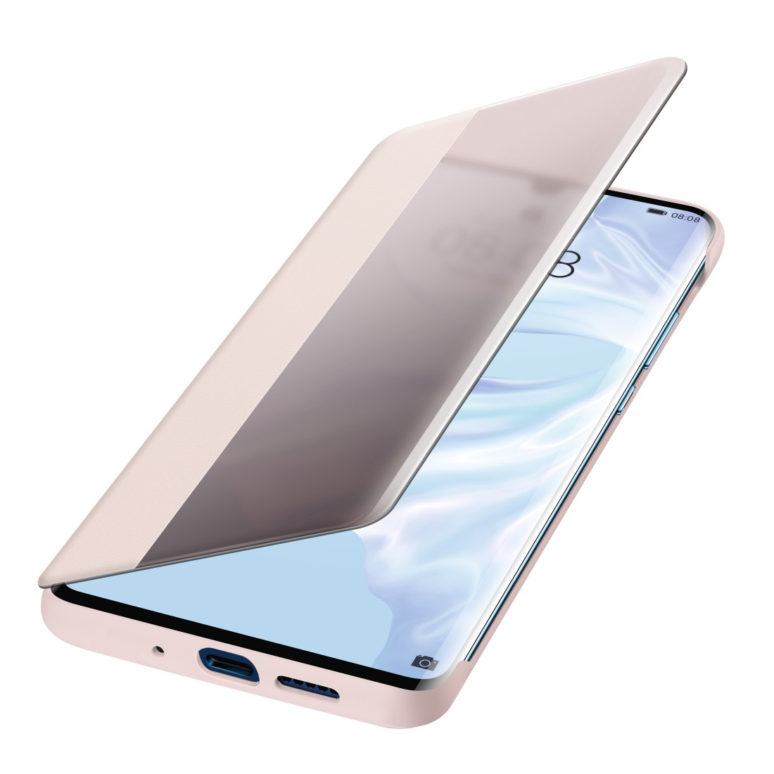 Hellrosa Handyhülle mit Telefon, vor weißem Hintergrund.