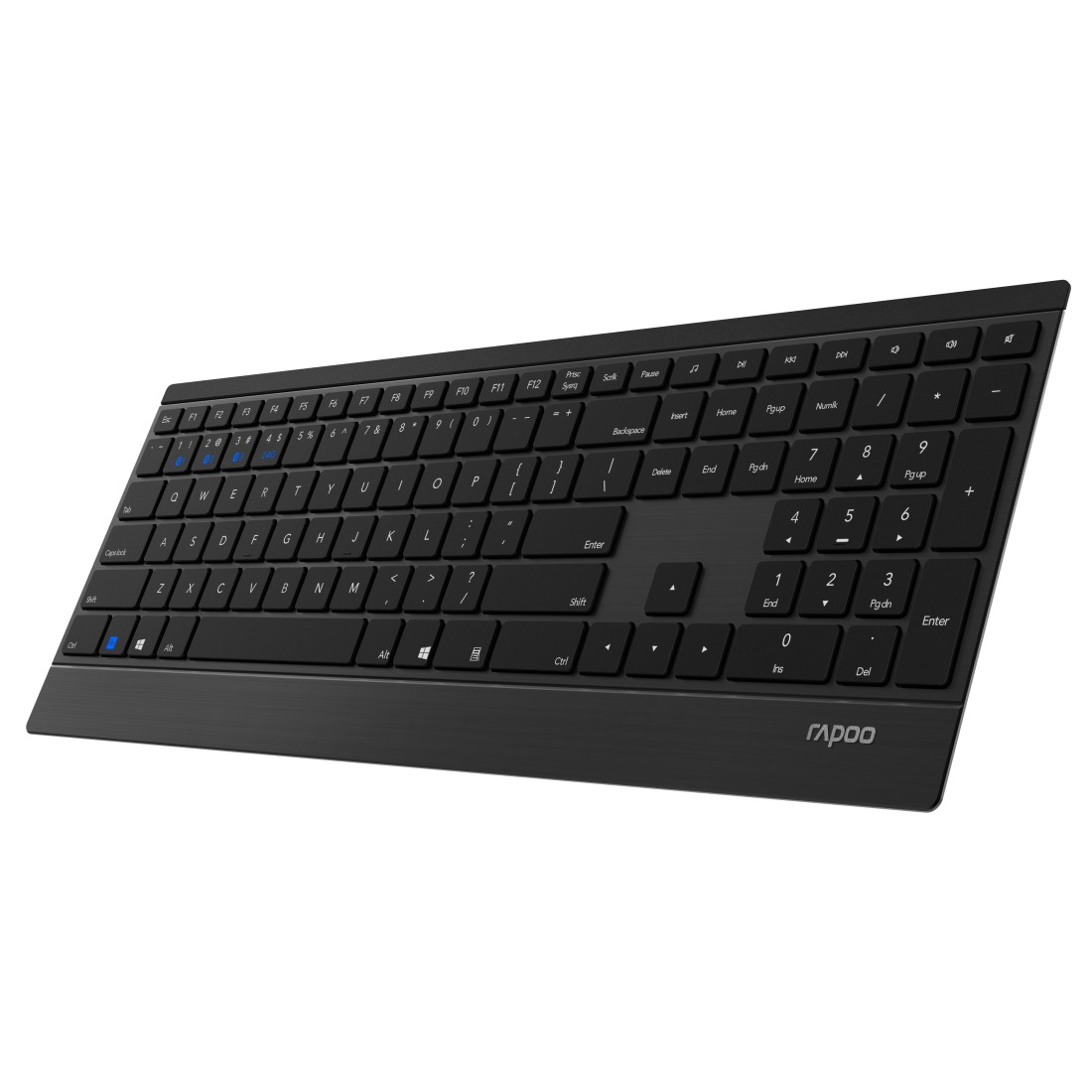 Schwarze Tastatur mit weißen Buchstaben und Zahlen, mit einem Rapoo-Logo.