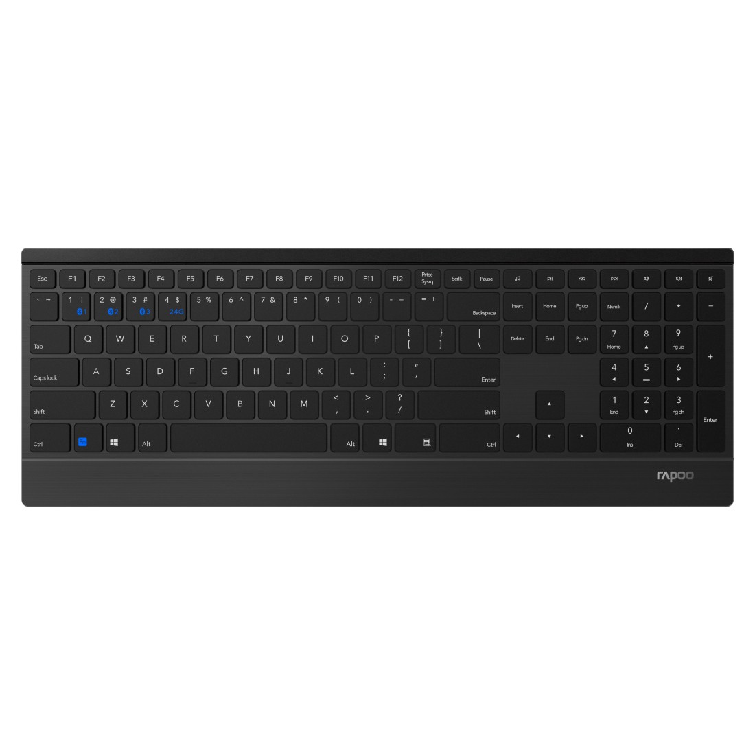 Schwarze Tastatur mit weißen Tasten. Markenname Rapoo unten rechts sichtbar.