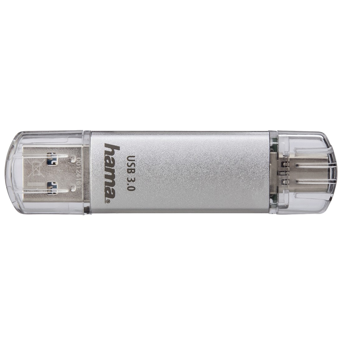Silberner Hama USB 3.0-Stick mit transparenten Kunststoffenden. Weißer Hintergrund.